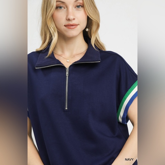Umgee Zip Front Casual Top with Contrast Stripe Trim - Picture 4 of 6